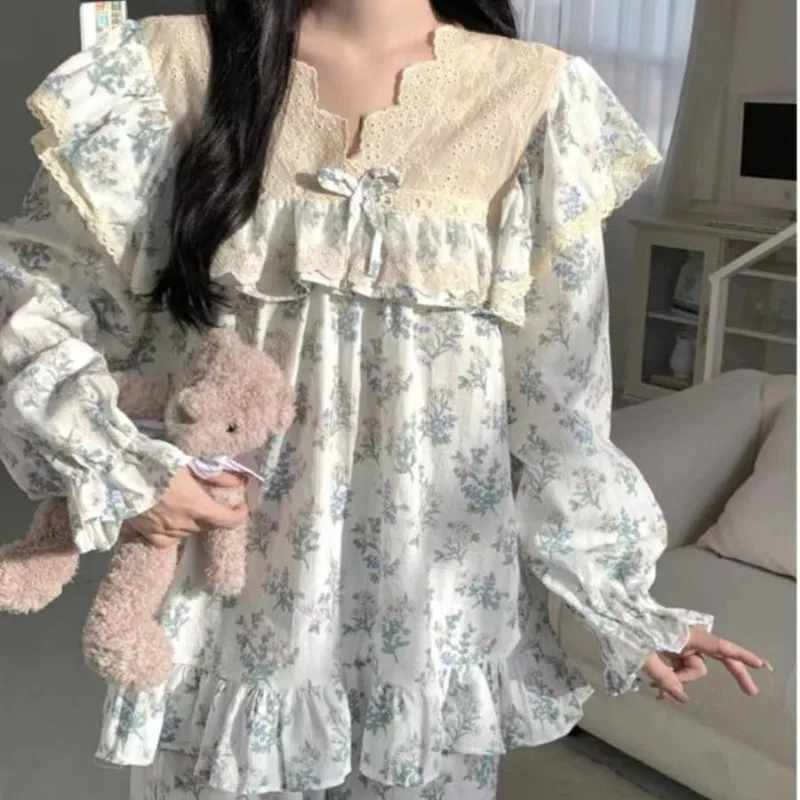 New Sweet Princess Style Pajamas Women's Autumn and Winter Lace Side Nightdress Long Sleeve Trousers Loungewear Loose Homewear