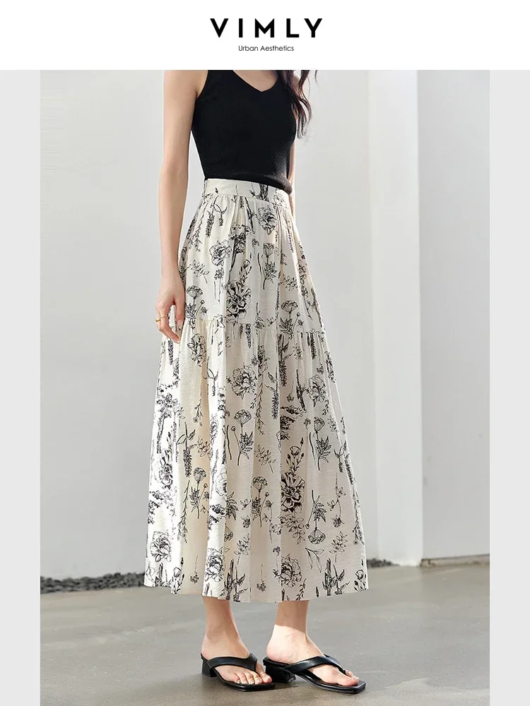 VIMLY 女性エレガントシックな花柄プリントプリーツスカート 2025 秋オフィスレディ弾性ウエスト A ラインスイングミディレディーススカート A0093