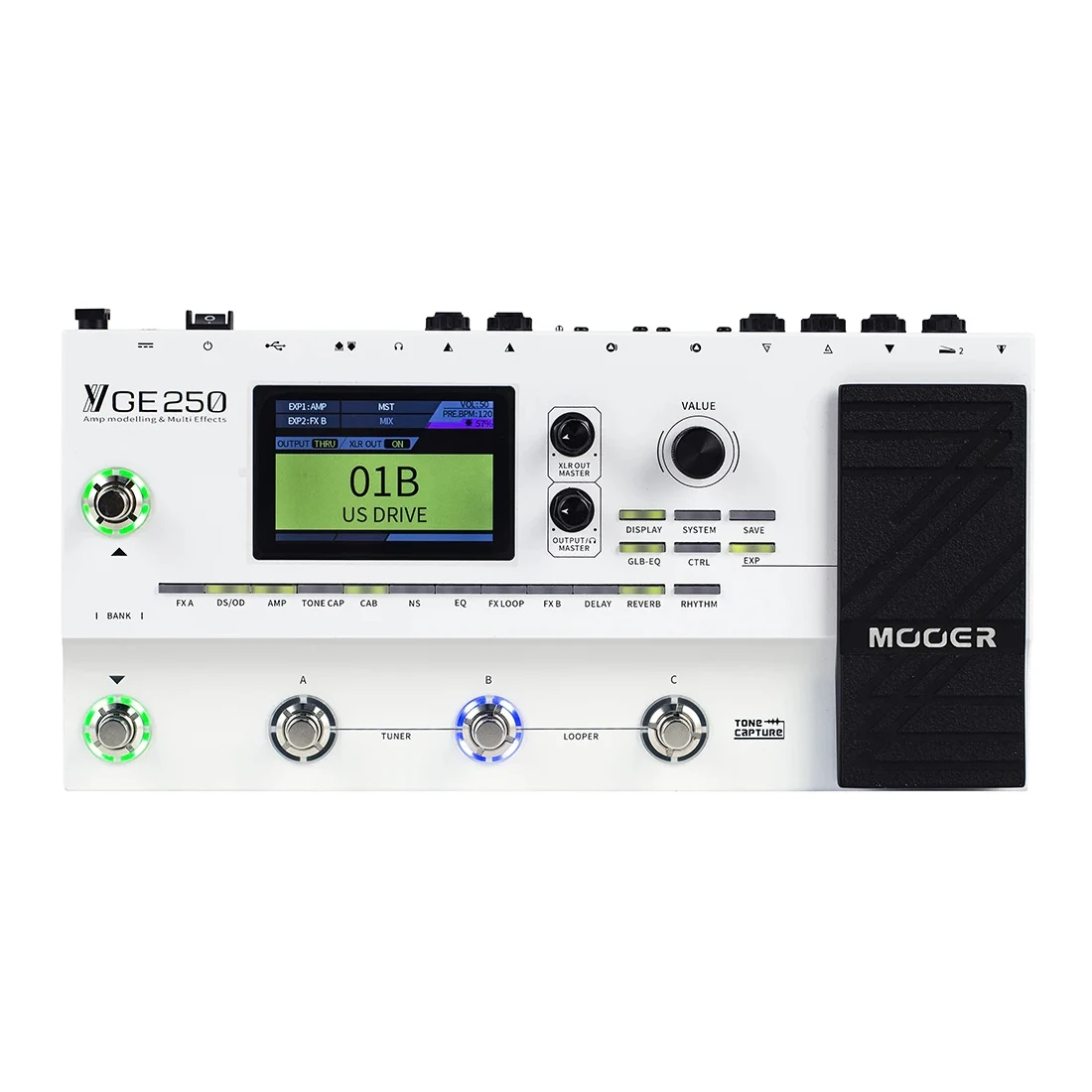 MOOER GE250 gitaareffectpedaal, 180 effecttypes, 32 IR's, digitale versterkermodellering, digitaal pedaal voor gitaaroptredens en live shows.