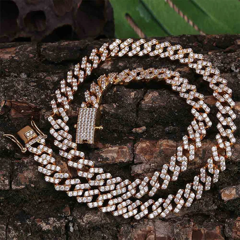 Hip Hop 5A+ CZ Stone Paved Bling Iced Out 10mm Rhombus Cuban Miami Link Chain Necklaces for Men Rapper Jewelry Gold Silver Color