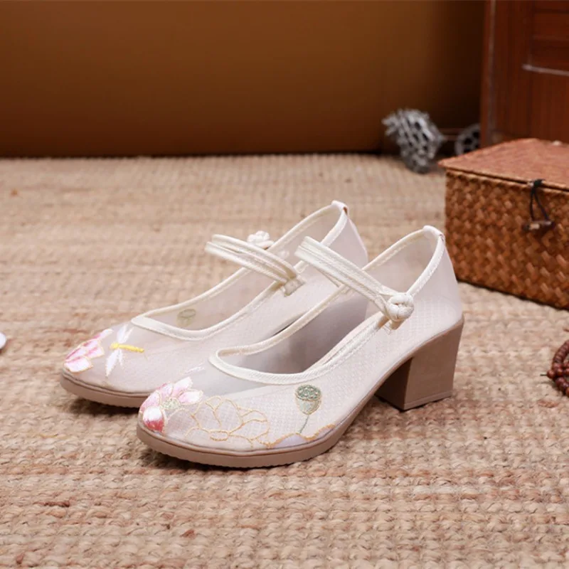 New Chinese Dress Hanfu Shoes Mesh Retro Cloth Shoe Embroidered High Heeled Women's Vintage Buttons Pumps Sandals Ladies