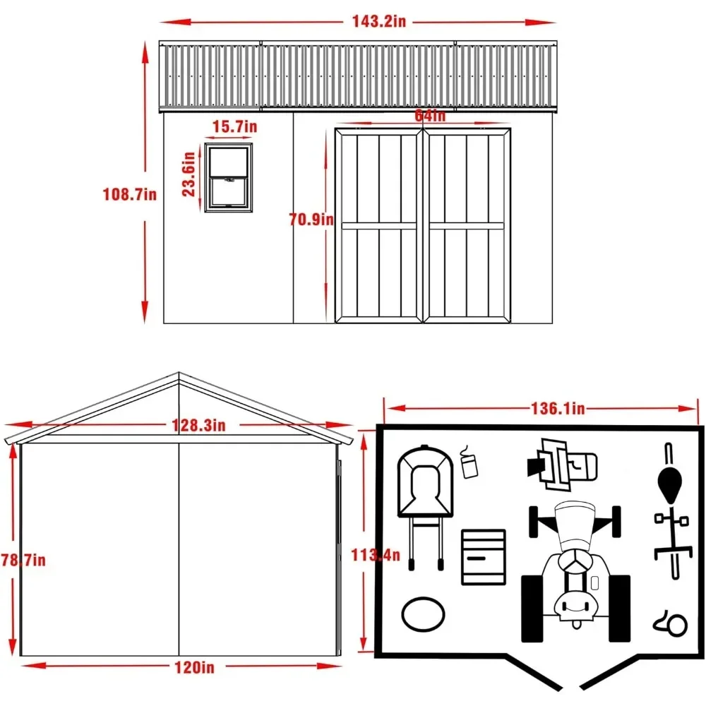 10 Ft X 12 Ft Outdoor Wood Shed with Metal Roof, Lean-to Storage Shed Garden Furniture Tools with Lockable Door and Vents