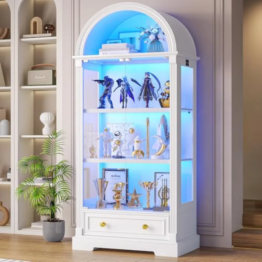 Arched display cabinet for living room, tempered glass doors, white finish, human sensor LED lights, 4-tier curio cabinet for c