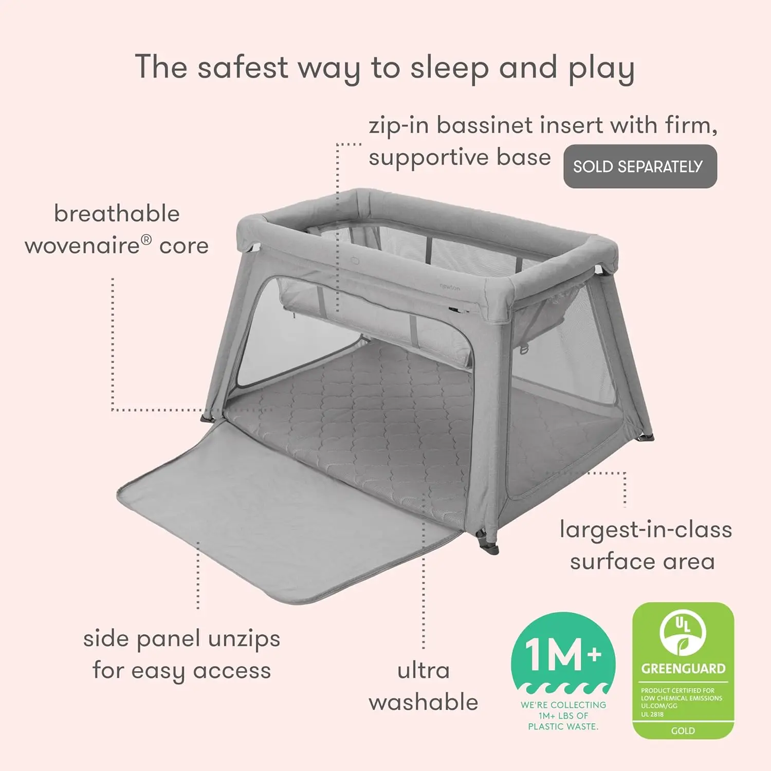 Newton Baby Travel tempat tidur bayi dan bermain halaman-Model 2023 | 100% berpori & dapat dicuci Playpen portabel | Terbesar di kelas dengan