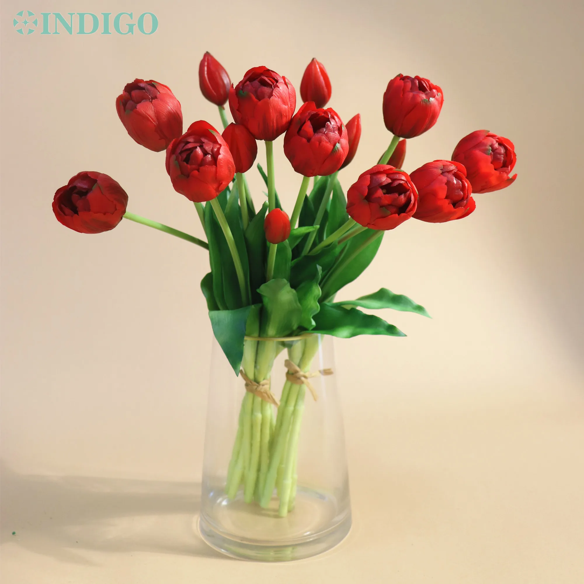 

15PCS Tulip + Buds Multiple Petals Round Red Bouquet Real Touch Silicone Easter Home Decor Artificial Flower Wedding - INDIGO