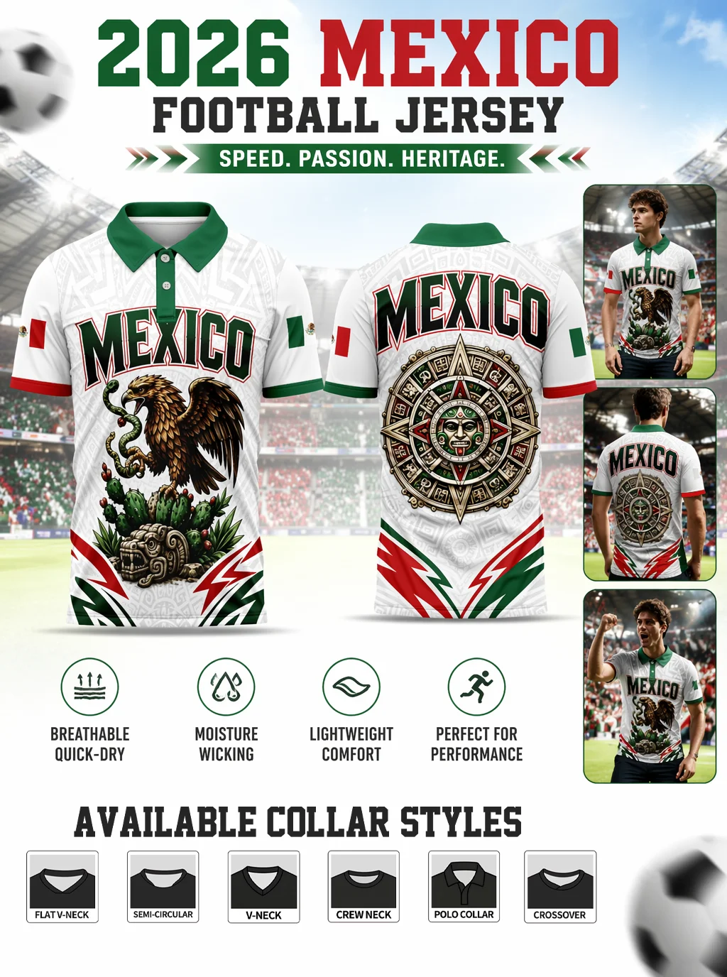 Men’s Mexico supporter soccer shirt. Unique cultural graphics, lightweight moisture-wicking sport jersey