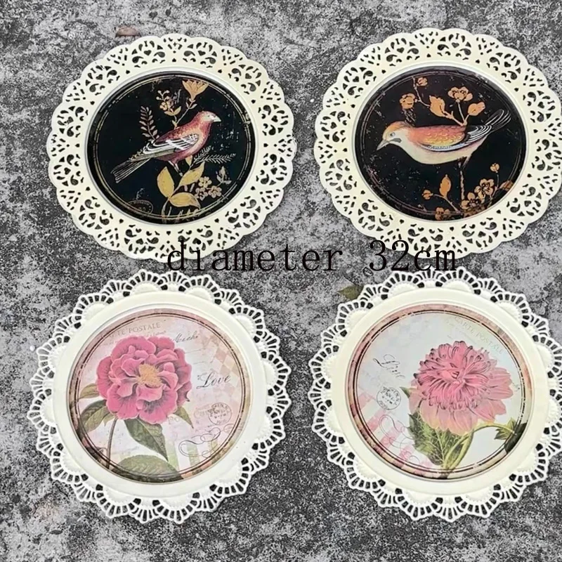 

Vintage Decorative Wall Plates with Birds and Flowers, White Lace Frame, 32cm Diameter, Set of 4