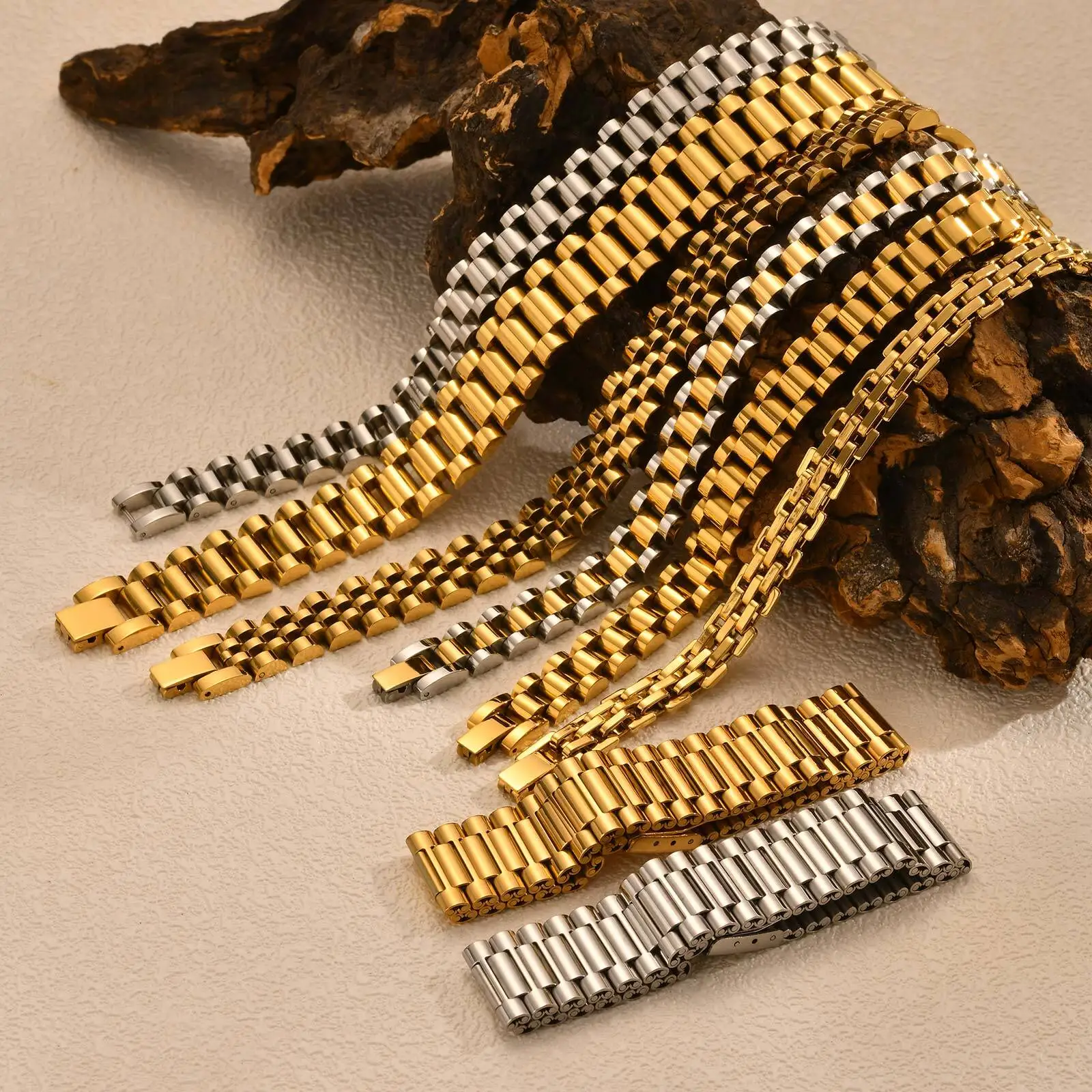 Vnox pulseira clássica de aço inoxidável para mulheres e homens, pulseiras de relógio com corrente de ligação de largura, joias de mão unissex