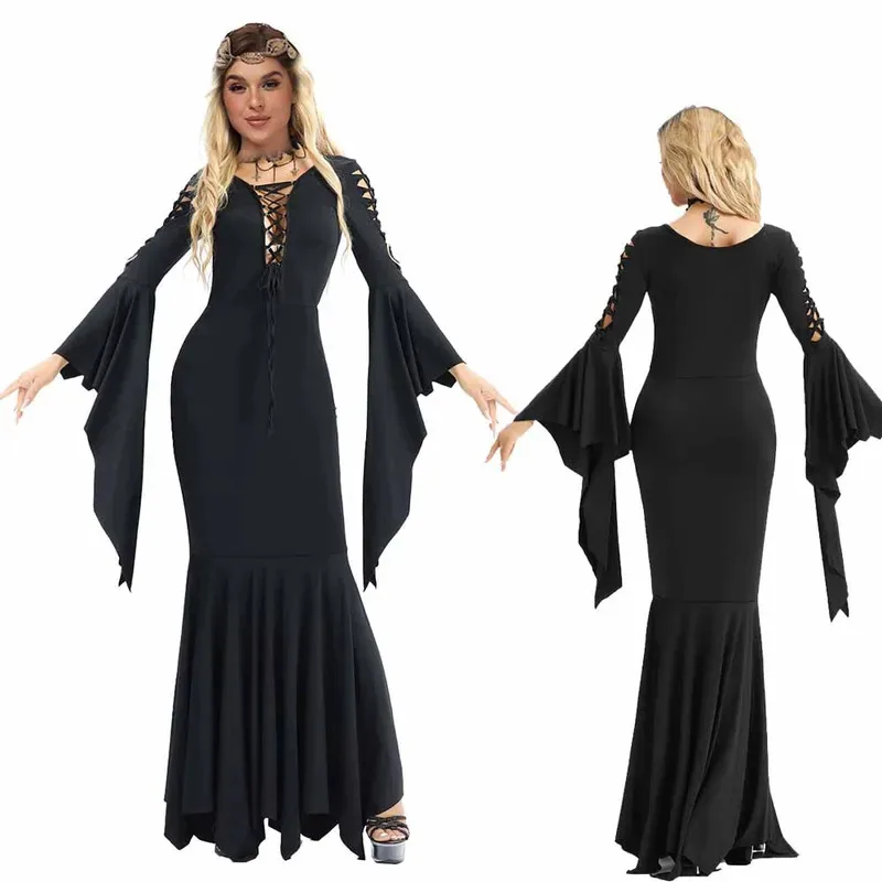 섹시한 여성 긴 할로윈 고딕 코스프레 빈티지 의상 중세 검은 플레어 슬리브 마녀의 가운 멋진 드레스