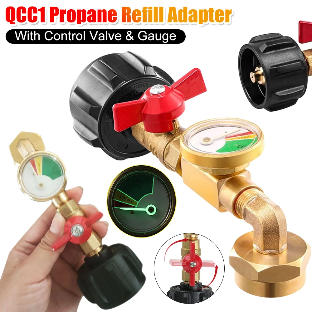 

QCC1 Propane Refill Adapter With ON/Off Control Valve And Night Light Gauge Propane Refill Elbow Adapters For 1LB Propane Tank