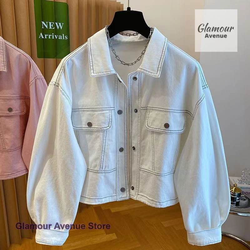 Korean solid color line pocket denim jacket women's spring and autumn new Joker casual fashion temperament Joker jacket top.