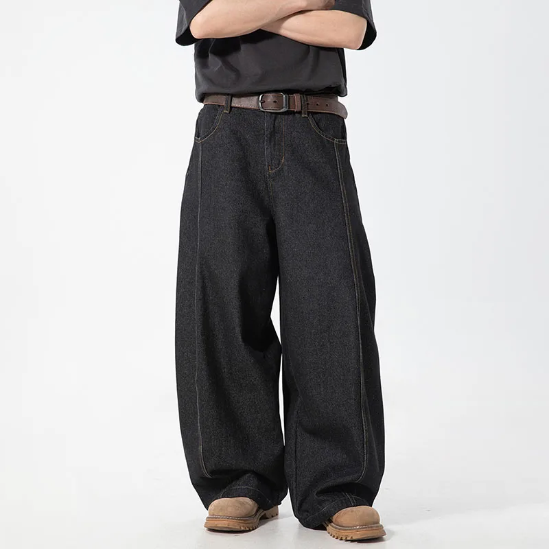 Men'S Denim Pants Vintage Washing Wide Leg Loose Elastic Jeans Casual Straight Trousers