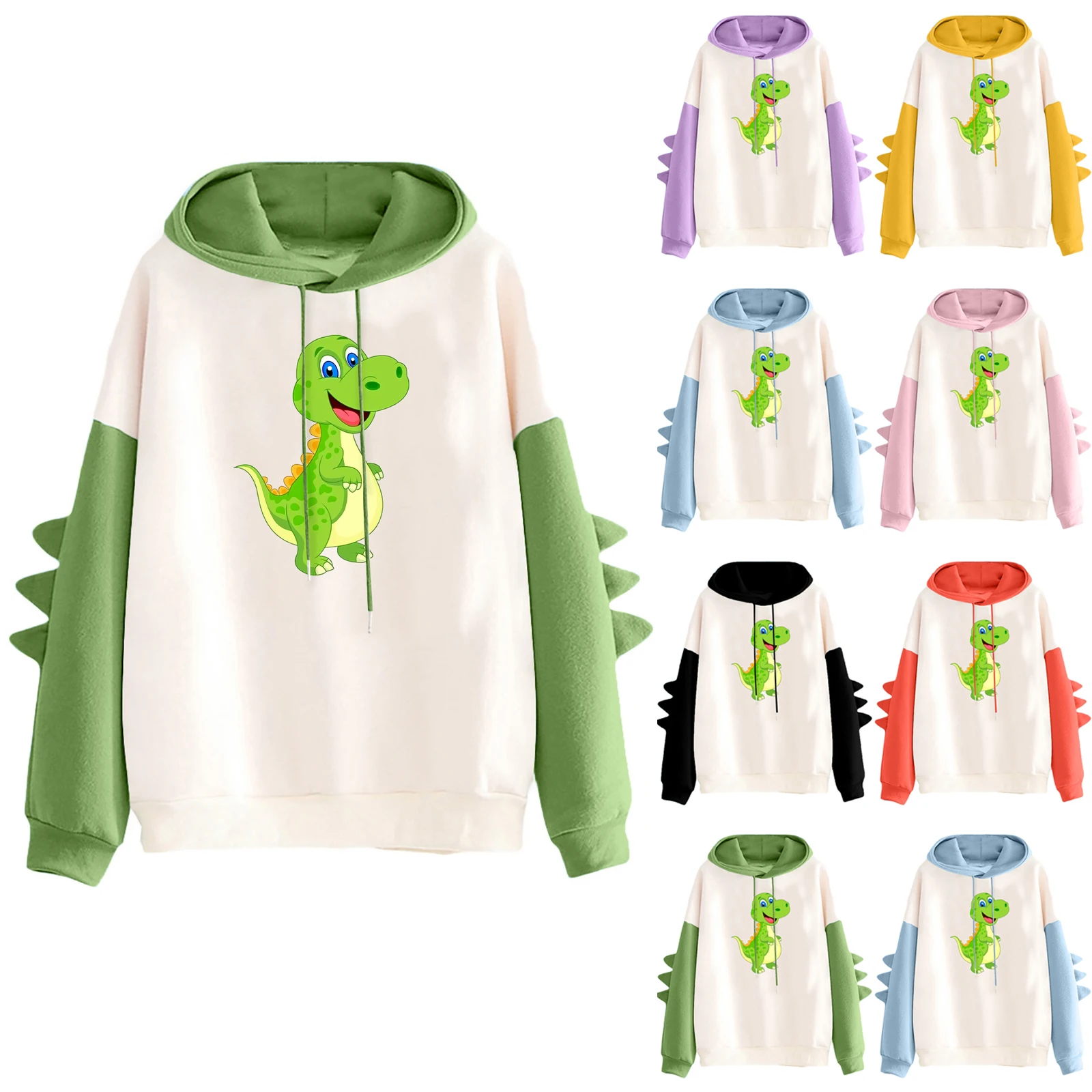 여성 공룡 후드티 패션 긴 소매 대비 스트리트웨어 만화 프린트 스웨트셔츠 루즈한 하라주쿠 캐주얼 가을 겨울