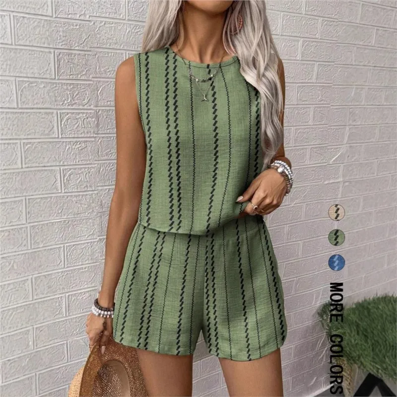Women's Two Piece Sets 2025 Summer Casual Loose Crafts Striped Printed Sleeveless Vest Shorts 2-piece Set Suit Women Streetwear