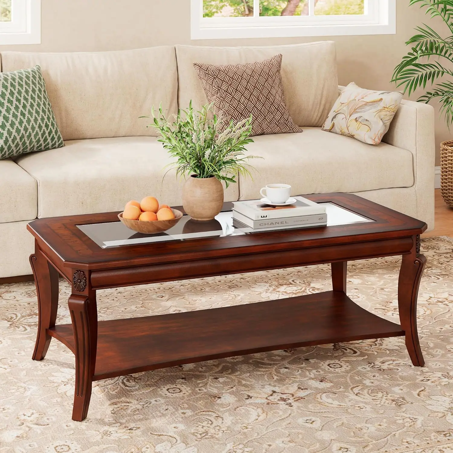 

Traditional Wood Coffee Table With Glasstop & Curved Legs, Rectangle Solid Wood Tea Table With Storage Shelf,, Customized
