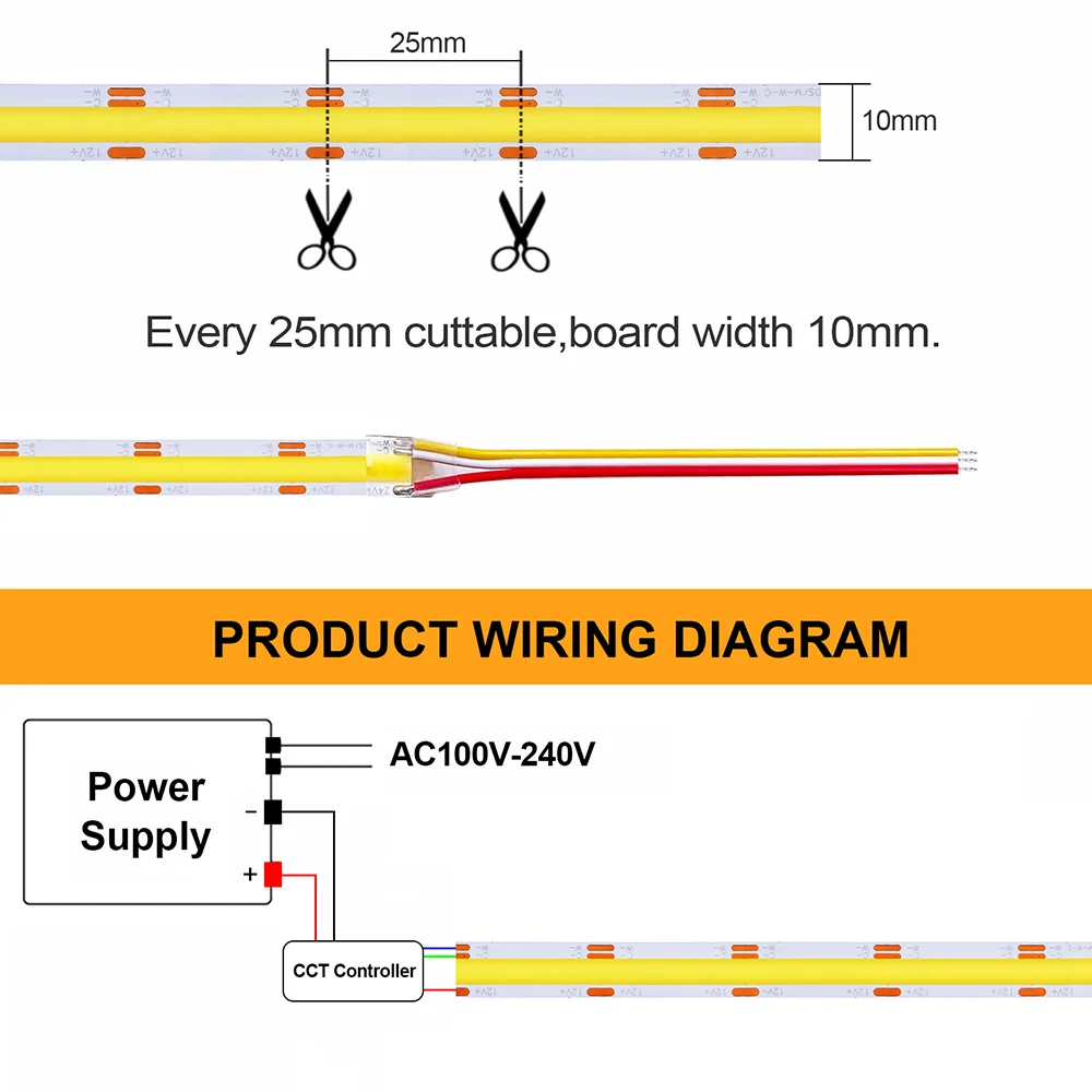 12V 24V COB CCT Led Strip Light Dimmable 608LEDs/m Elastyczna taśma LED Ciepła naturalna biel Dekoracja domu 0.5m 1m 2m 3m 4m 5m