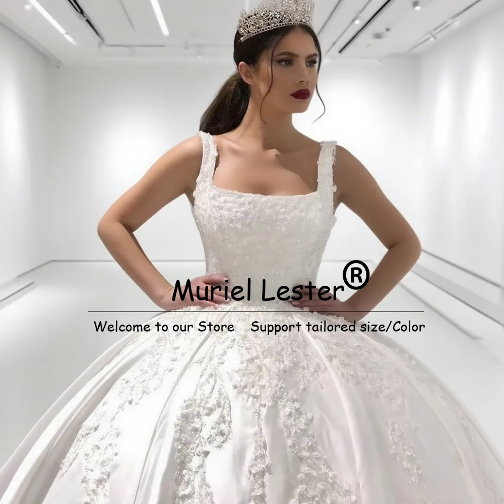 Luxury Satin Lace Appliques Beaded Wedding Dresses For Bride Customized Spaghetti Straps Square Neck Satin A Line Bridal Gowns