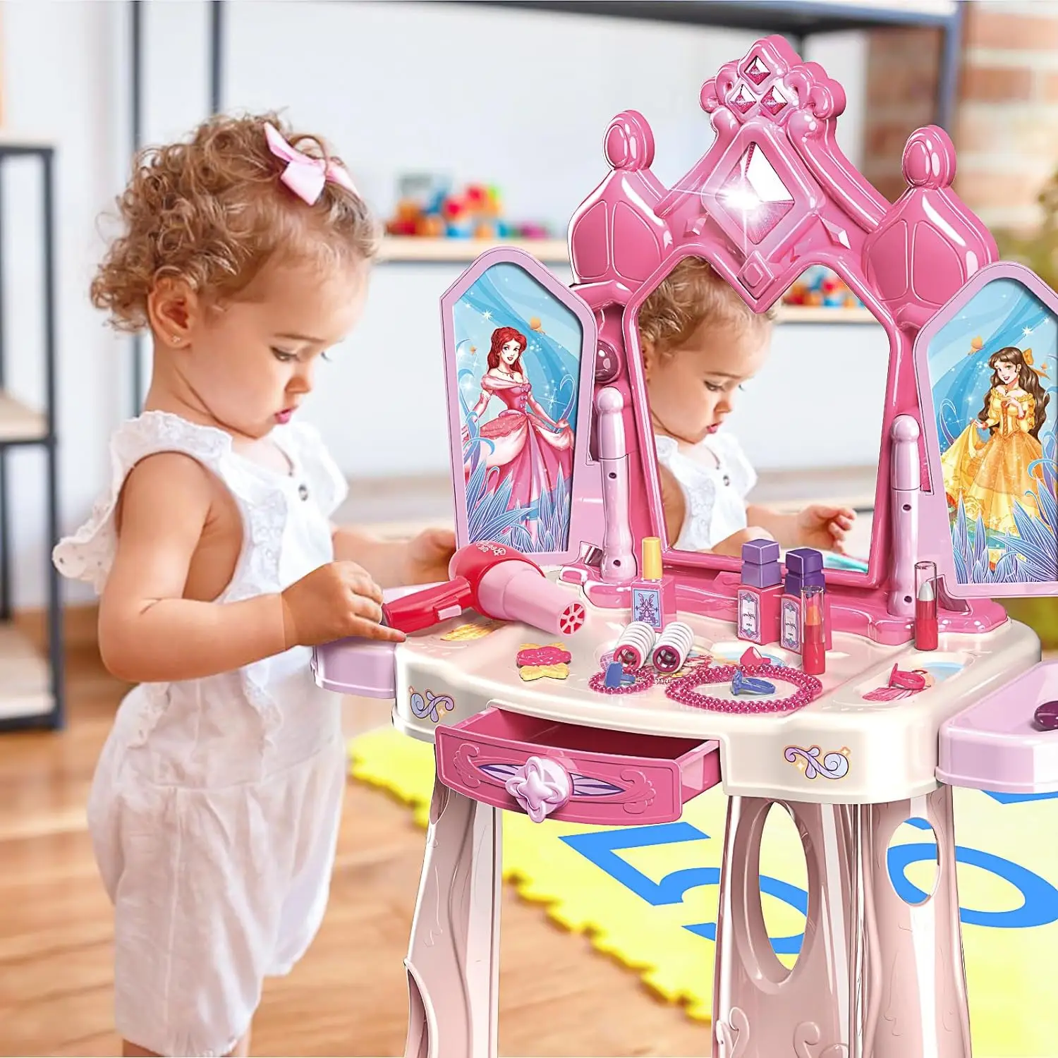 Dressing Table Role Play Set Toy Kids Girls Pink Vanity Mirror Make Up Desk Beauty Sets Toy Play for Pre-Kindergarten Children