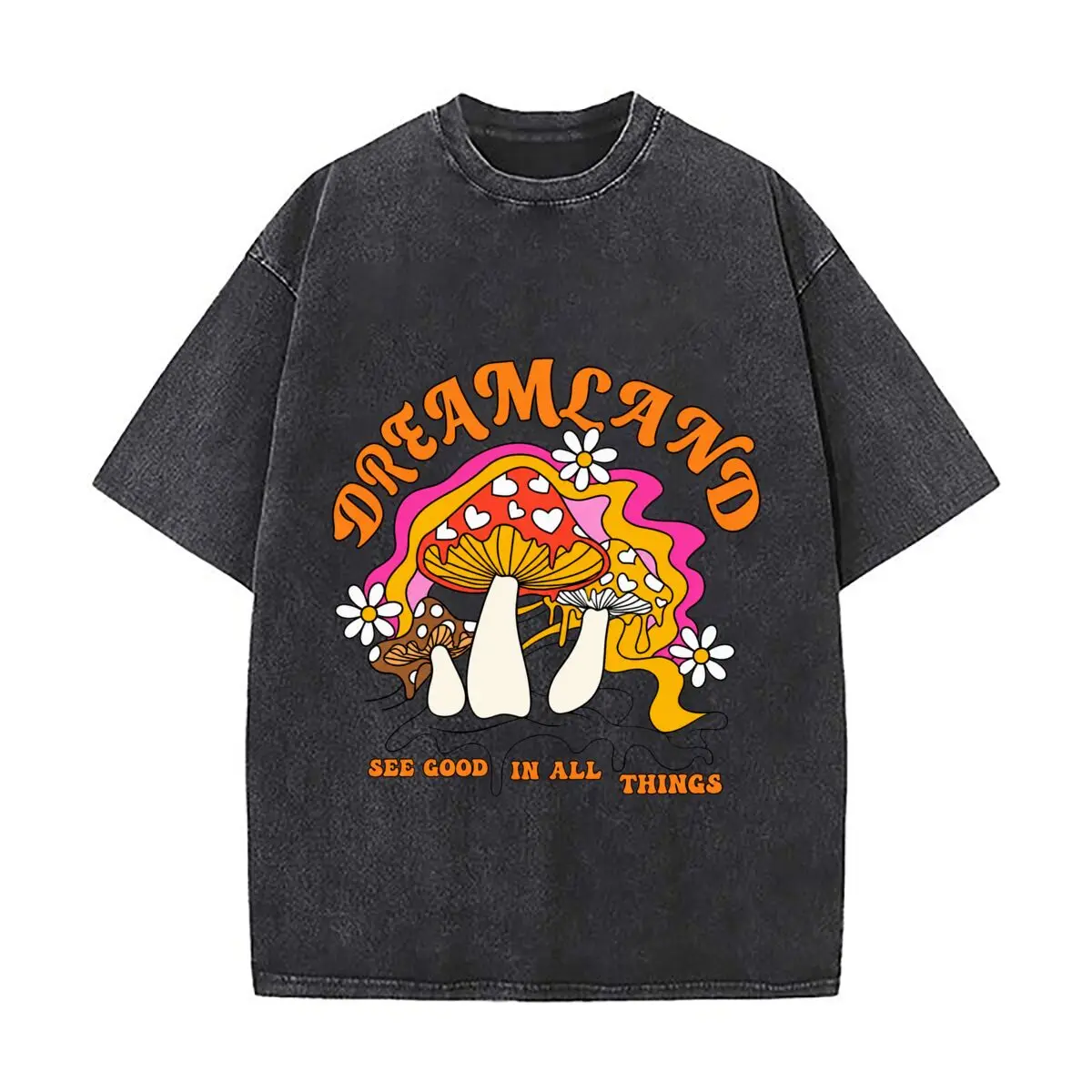 Dreamland Mushrooms See Good In All Things Washed Vintage Short Sleeve Loose Streetwear Tee