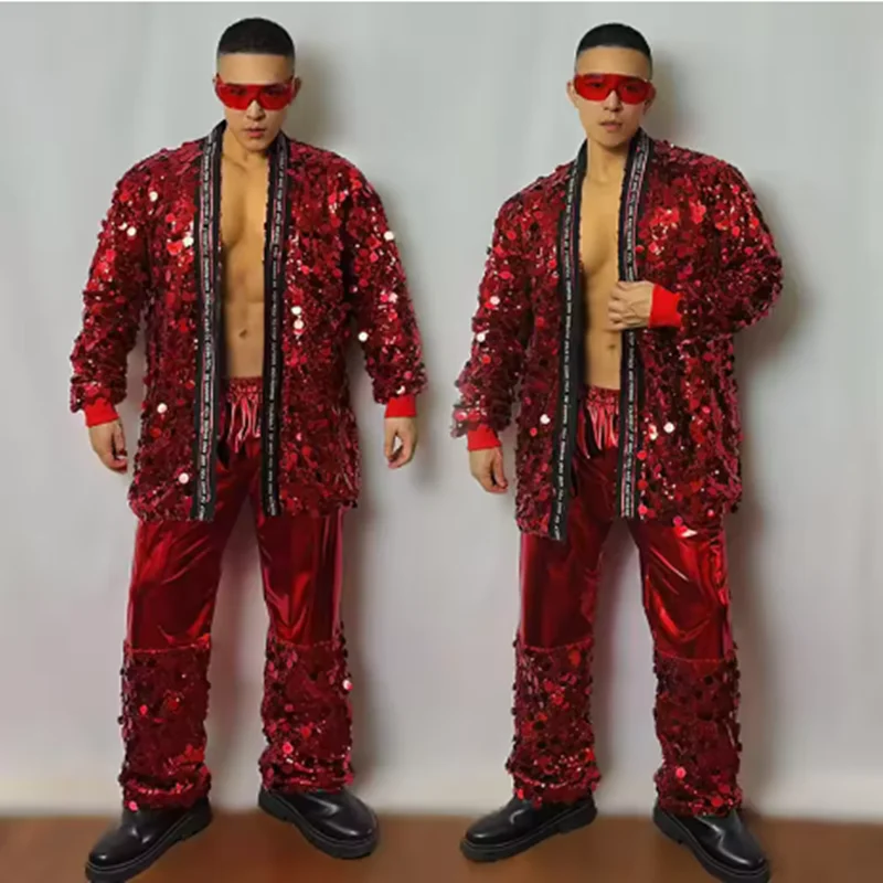 Strój do jazzu dla dorosłych, męski kostium sceniczny, czerwona cekinowa kurtka bejsbolówka, strój dla piosenkarza, męski strój na imprezę gogo, ubrania rave yk