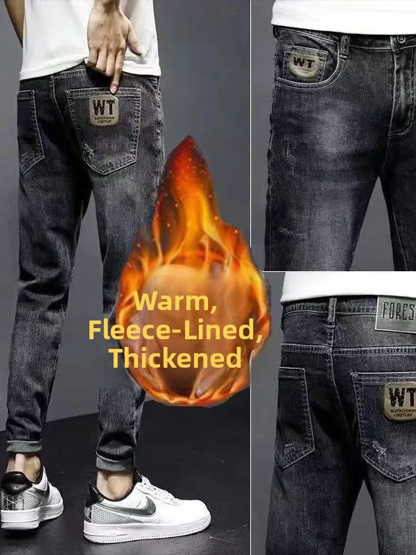 

Модные мужские джинсы с прямыми штанинами в Гонконге Sle Fce на подкладке, повседневные длинные брюки свободного кроя, хлопковая повседневная одежда