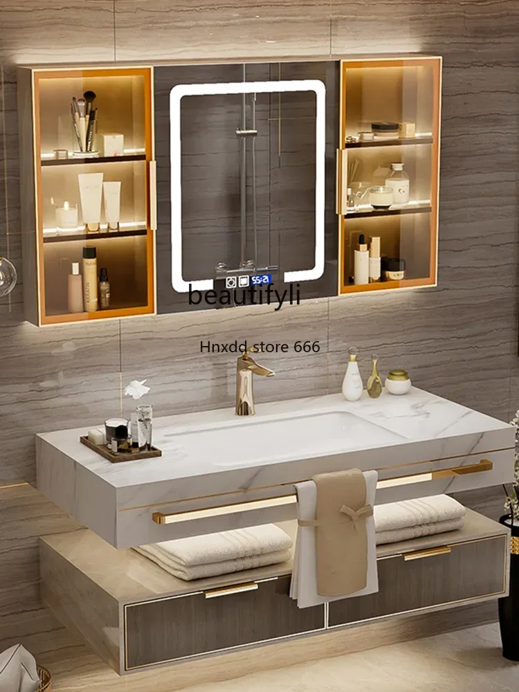 Light Luxury Stone Plate Seamless Basin Bathroom Cabinet Combination Hotel Style Large Suite Bathroom Hand Washing Washbasin