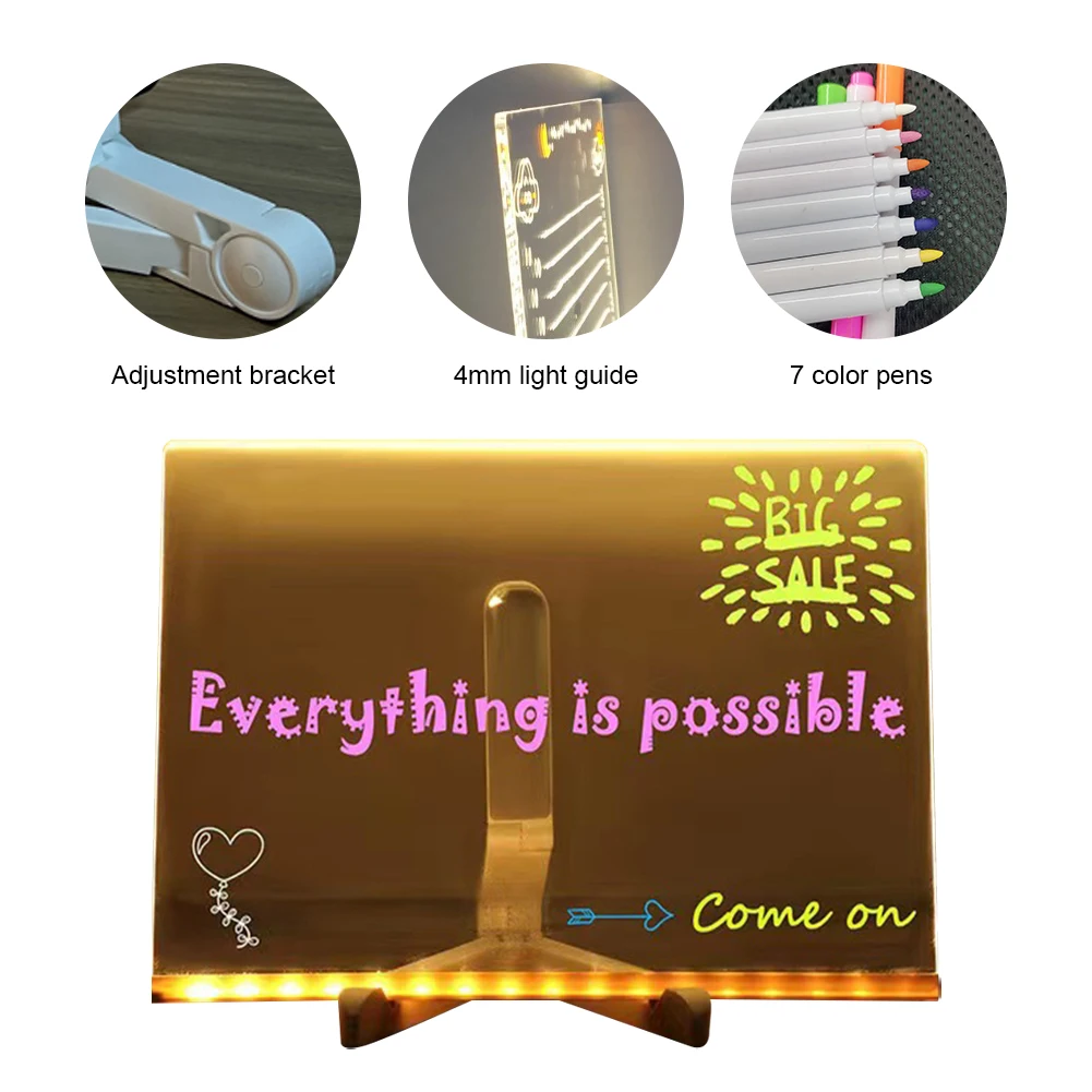 Children LED Acrylic Glowing Message Board Rewritable DIY Drawing Board Night Light with 7 Color Pens