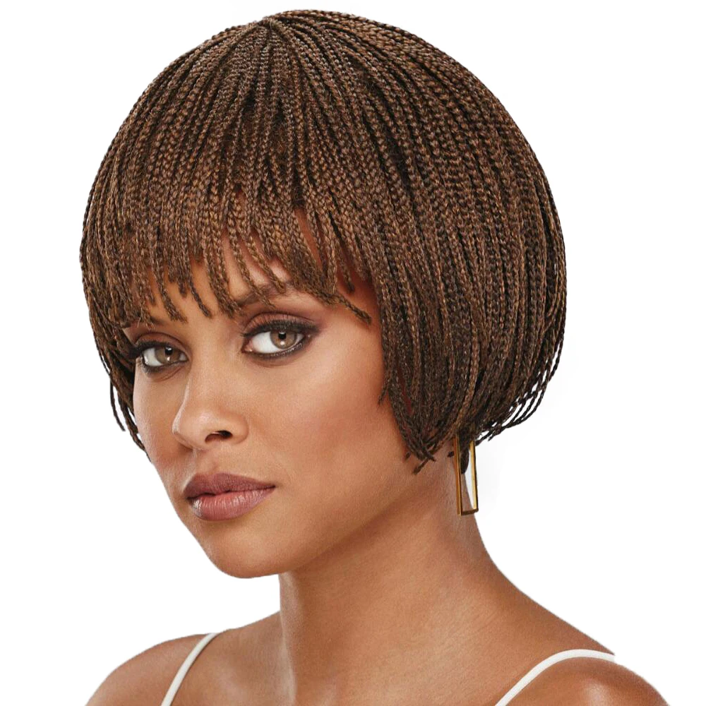 SQRDGQ Synthetic Hair Braided Wigs for Women Wig Braid African Short Wig with Bangs Pix Cut Brown Black Woman Wigs