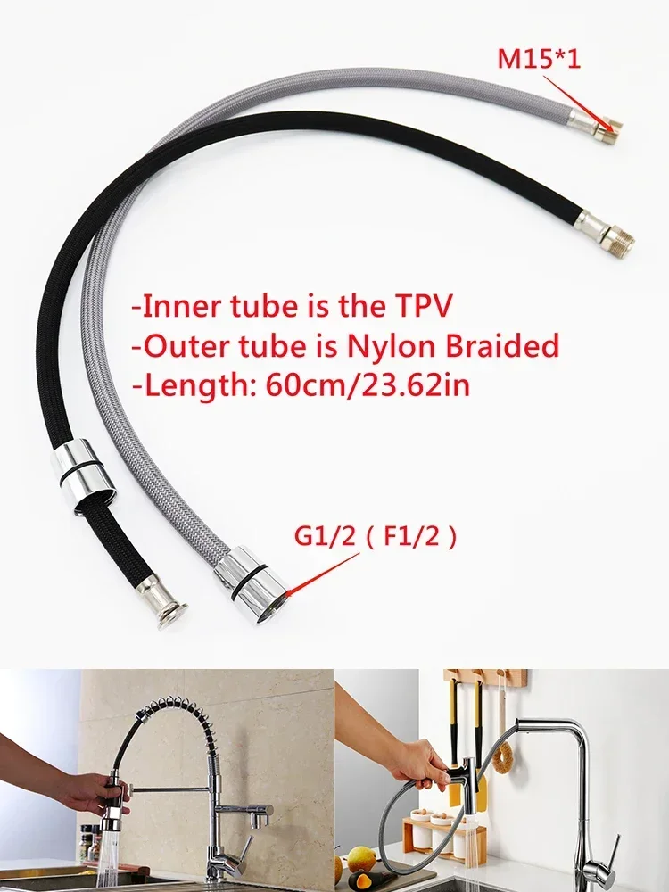 50cm/60cm/85cm F1/2 M15*1 nylonowy pleciony elastyczny wąż wodny do kuchni wysuwany wąż do kranu rura obrotowa czarny szary hydraulika — zdjęcie 2