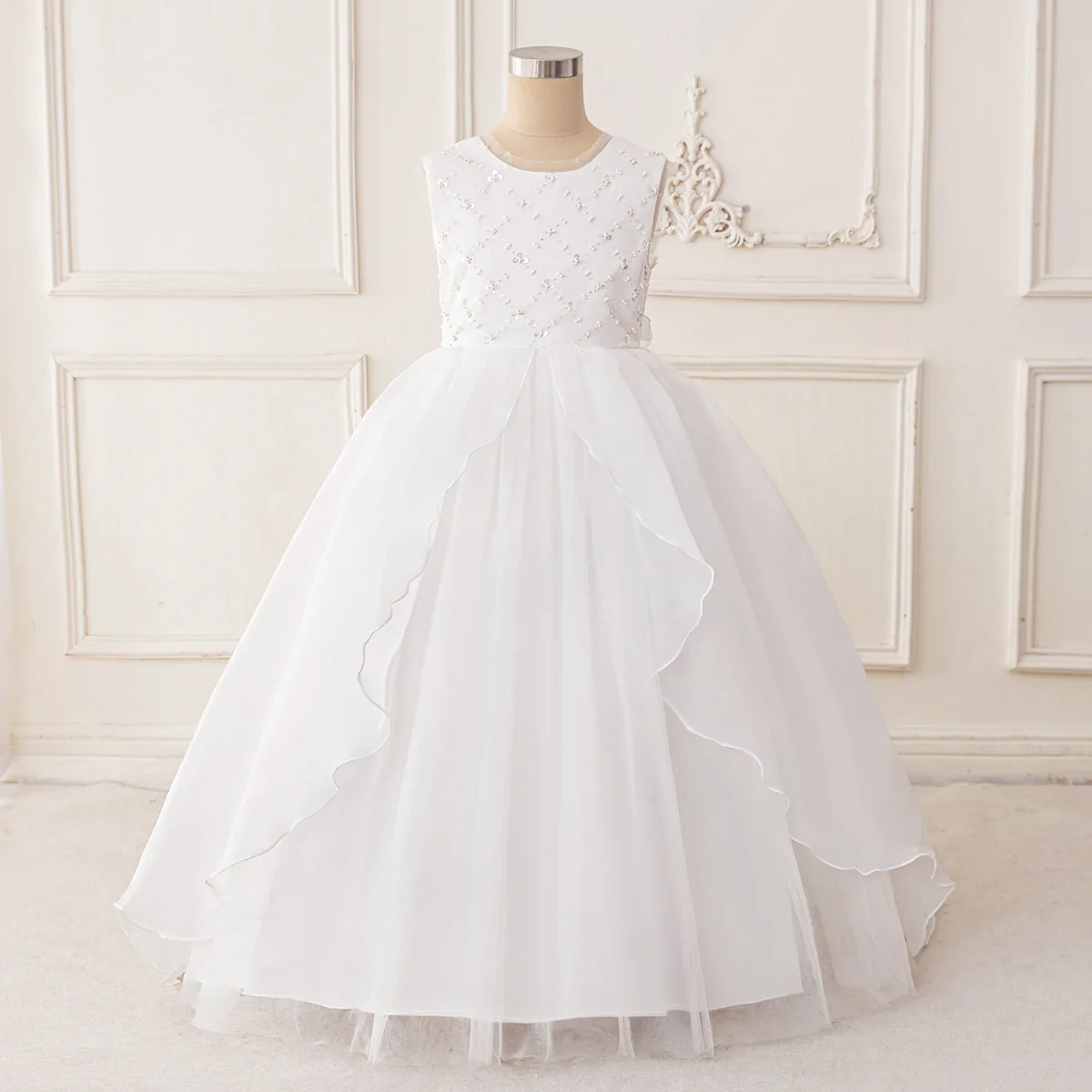 

Fashion White Wedding Party Girls Dress Elegant Tulle Bridesmaids Princess Dresses for Kids Bow First Communion Evening Costumes