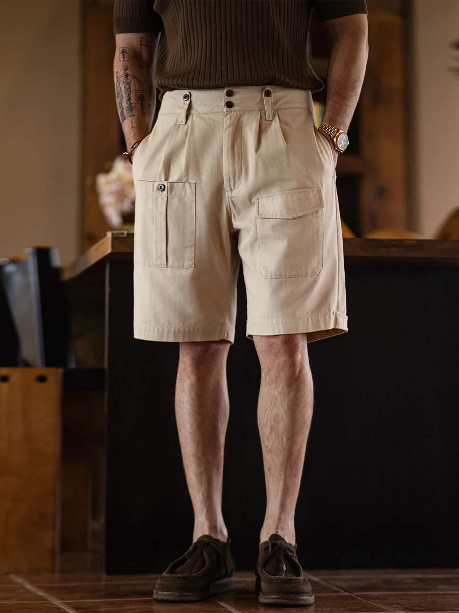 American Retro Workwear Shorts Men's Summer Loose Straight Casual Five Pocket Cotton Shorts Khaki Color mid Waist Shorts