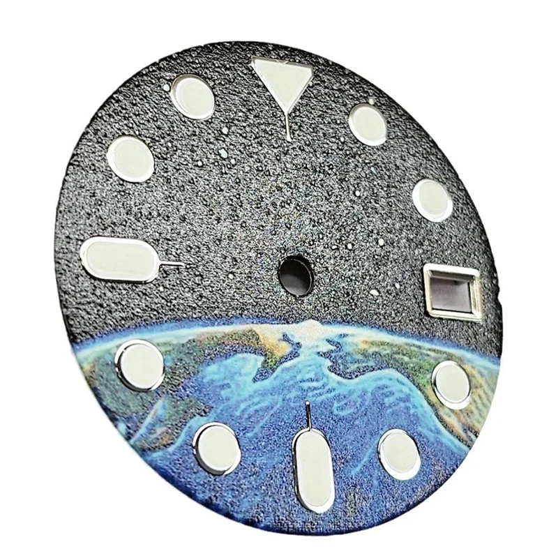 녹색 발광 지구 별이 빛나는 패턴 시계, NH35 NH36 NH70 무브먼트 시계 다이얼, 28.5mm