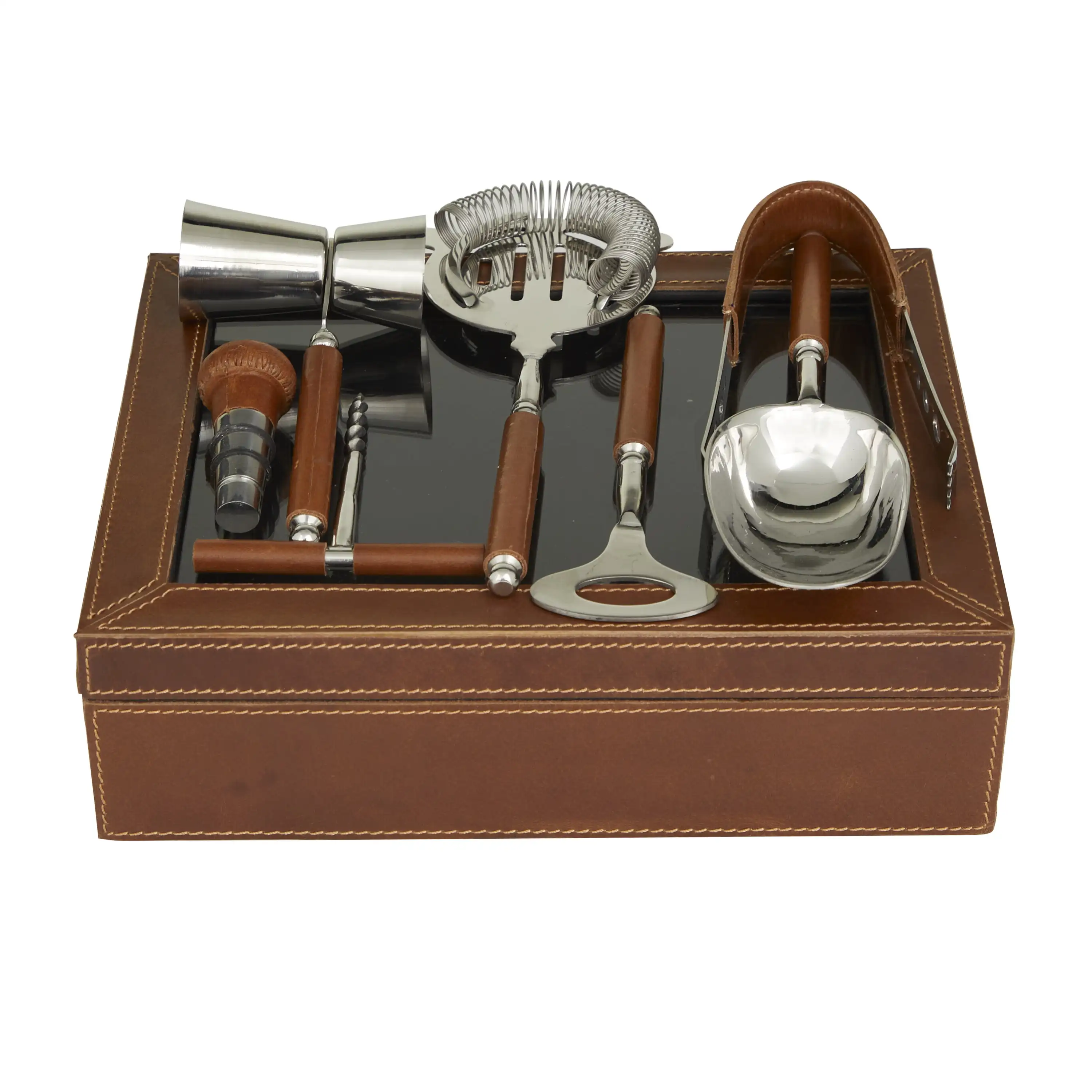 

Brown Leather 7 Piece Bar Tool Set with Decorative Box, 1-Piece