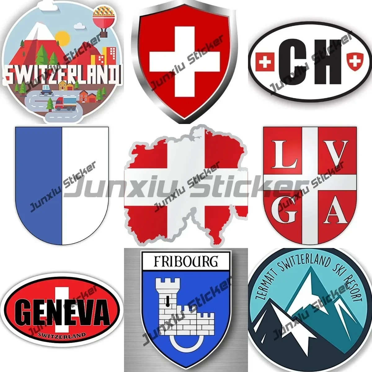 Switzerland Coat of Arms Shield City Flag Sticker Geneva Luzern Coat Geneva Swiss Map Country Code CH Oval Sticker with Flag