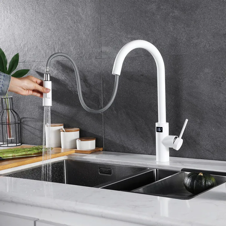 White Touch on Digital Kitchen Sink Faucet with Pull Down Sprayer Hot Cold Kitchen Mixer Tap Smart Sensor Touch Kitchen Faucets