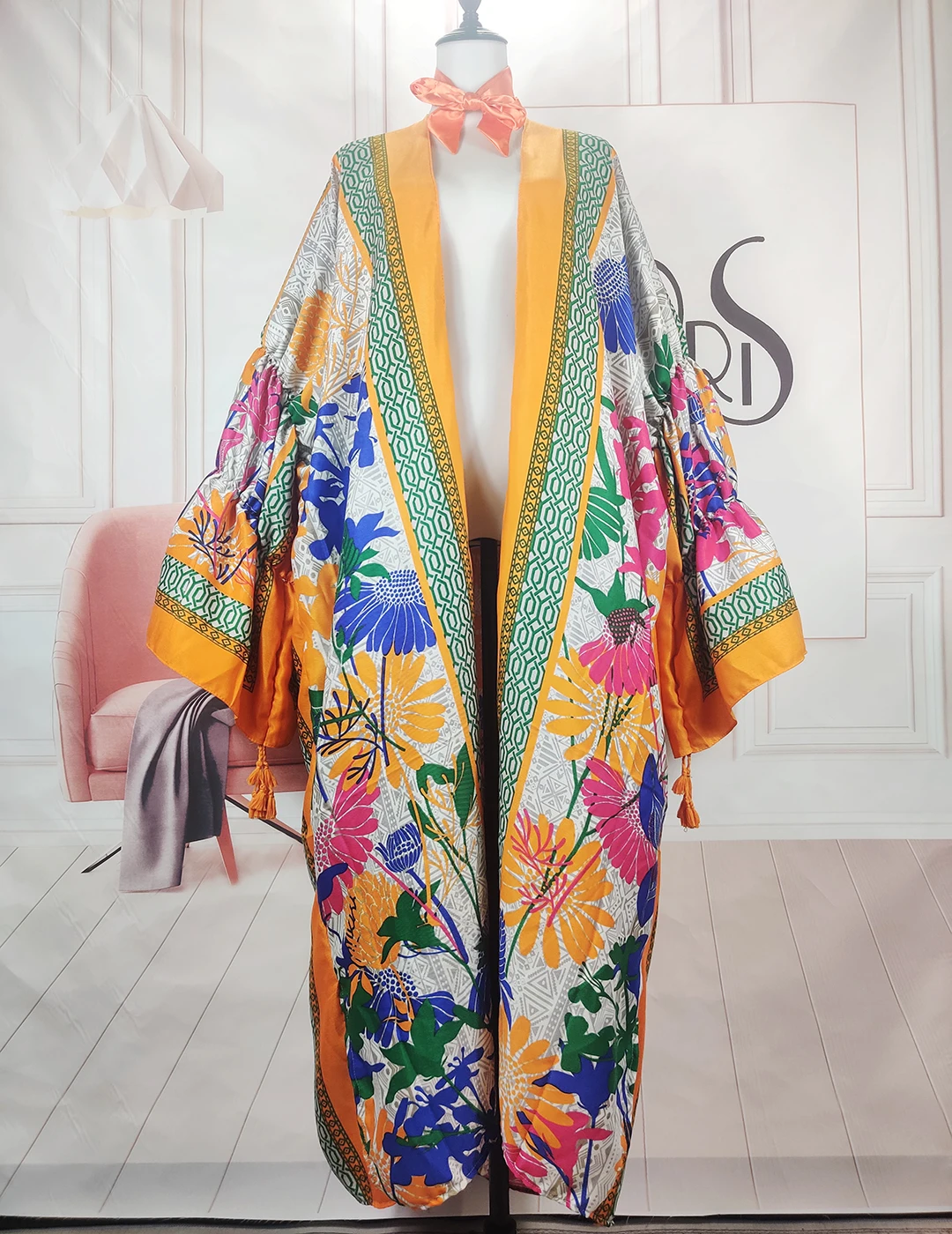 Europe Fashion 2023 Autumn Orange Cotton Printed Puff Sleeves Long Kimonos Causal African Women Vacation Long Cardigans