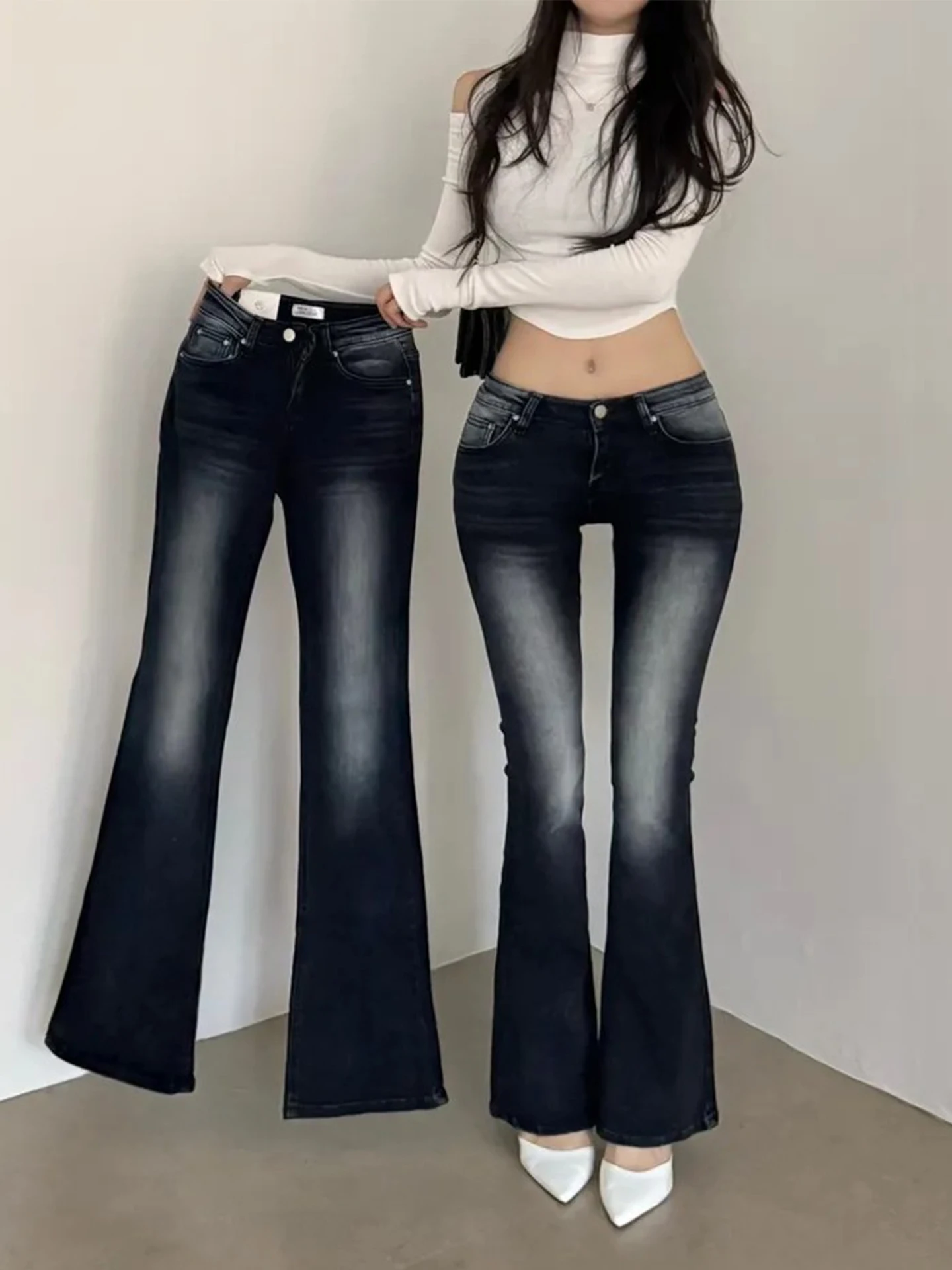 

Облегающие джинсы-колокольчики с низкой талией, женские эластичные джинсовые брюки, новые зимние брюки для поездок на работу, выцветшие манжеты-колокольчики