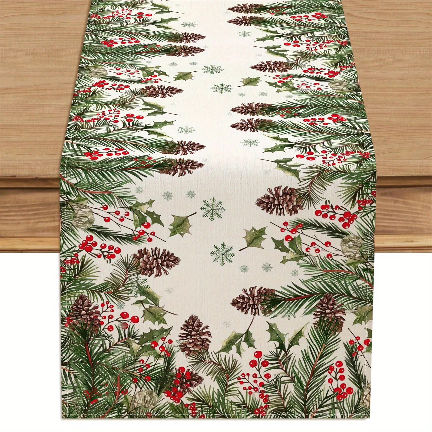 Rustic Christmas Table Runner | Holly Berry Pinecone Snowflake Easy-Care Holiday Dining Party Decor