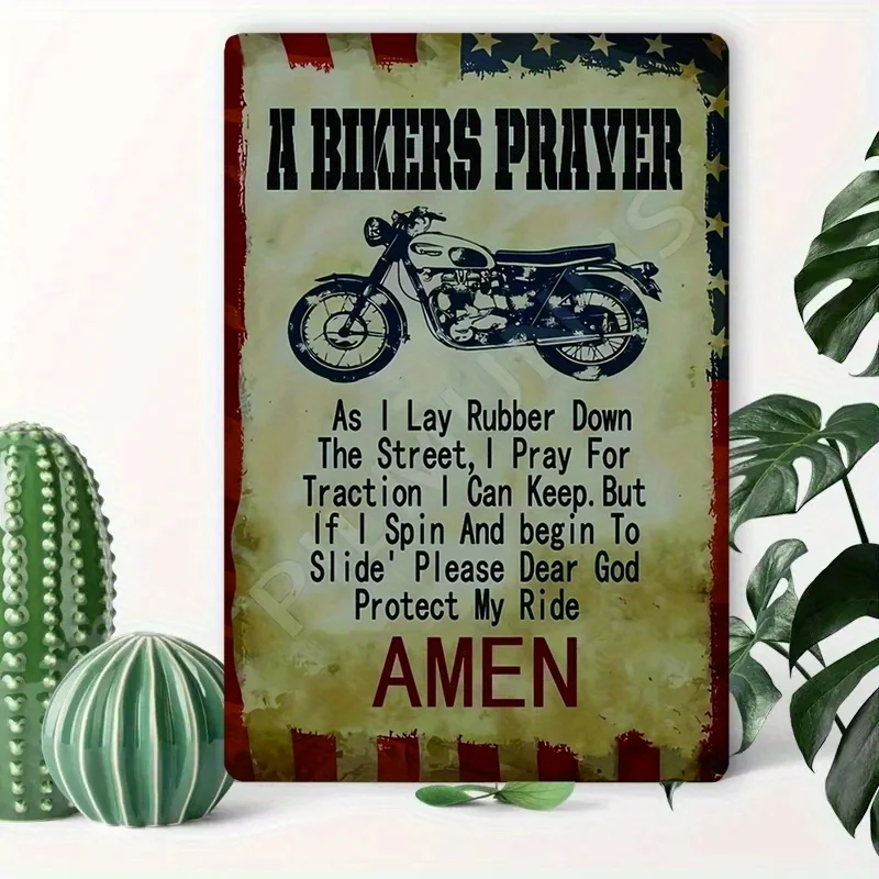 Vintage Biker'S Prayer Metal Sign -  Retro Wall Decor with Motorcycle Illustration, 