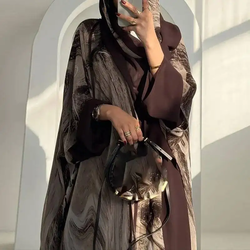 เสื้อคลุมแฟชั่นลายพิมพ์สำหรับฤดูใบไม้ร่วงและฤดูใบไม้ผลิ คอวีทรงหลวม ผ้าชีฟอง สไตล์ลำลอง แขนยาว สำหรับผู้หญิง พร้อมผ้าคลุมศีรษะ