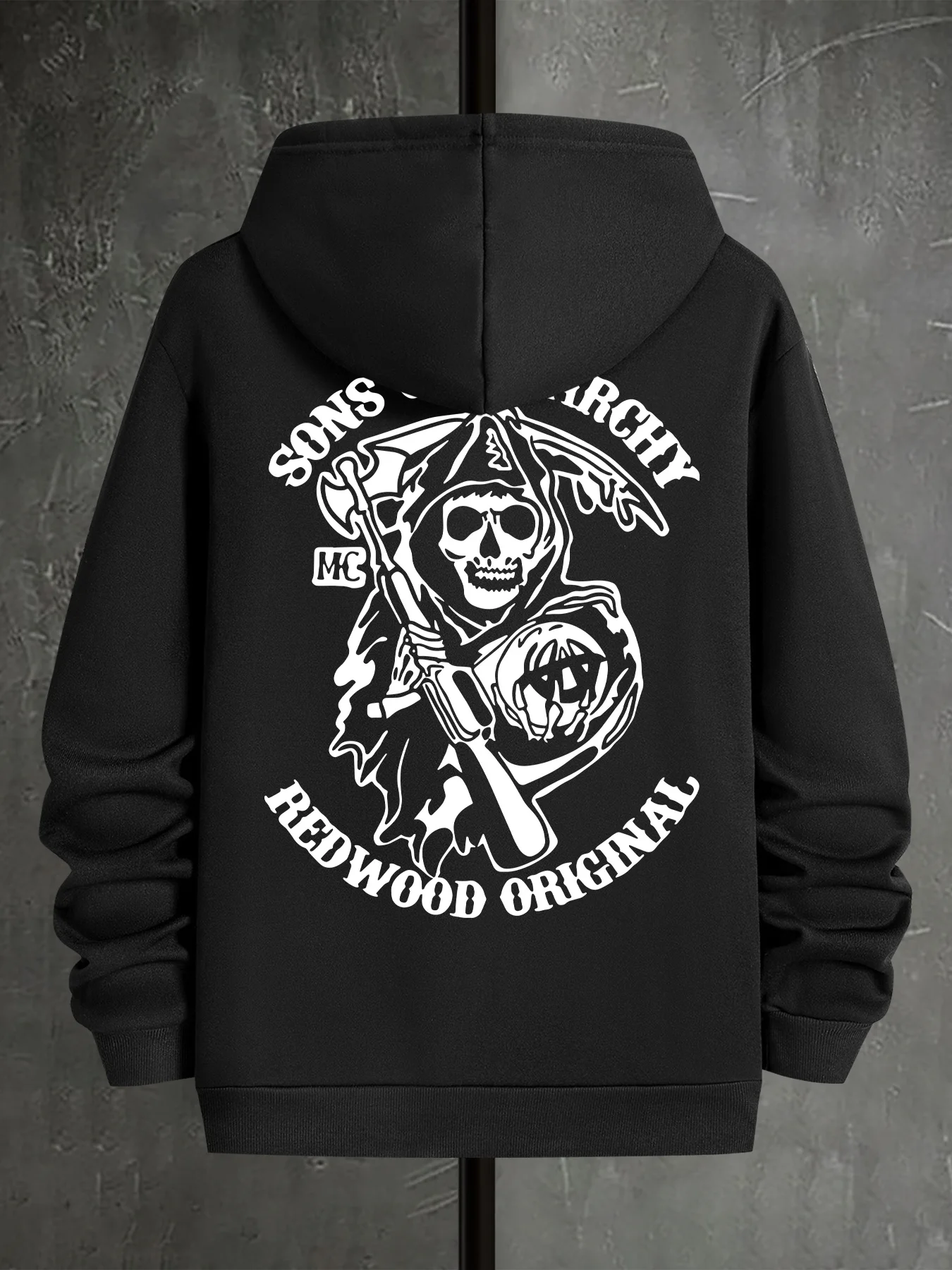 Sweater hoodie pria musim gugur dan musim dingin, model kasual longgar dengan desain tengkorak geometris di bagian belakang, lengan panjang, hangat.