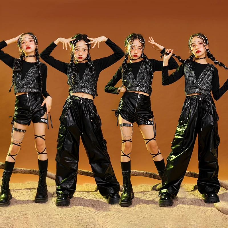 Disfraz de baile de Jazz negro para niñas, traje de actuación de Hip Hop Kpop, ropa de baile callejero para niños, Tops de moda, Sudadera con capucha, pantalones cortos, 965