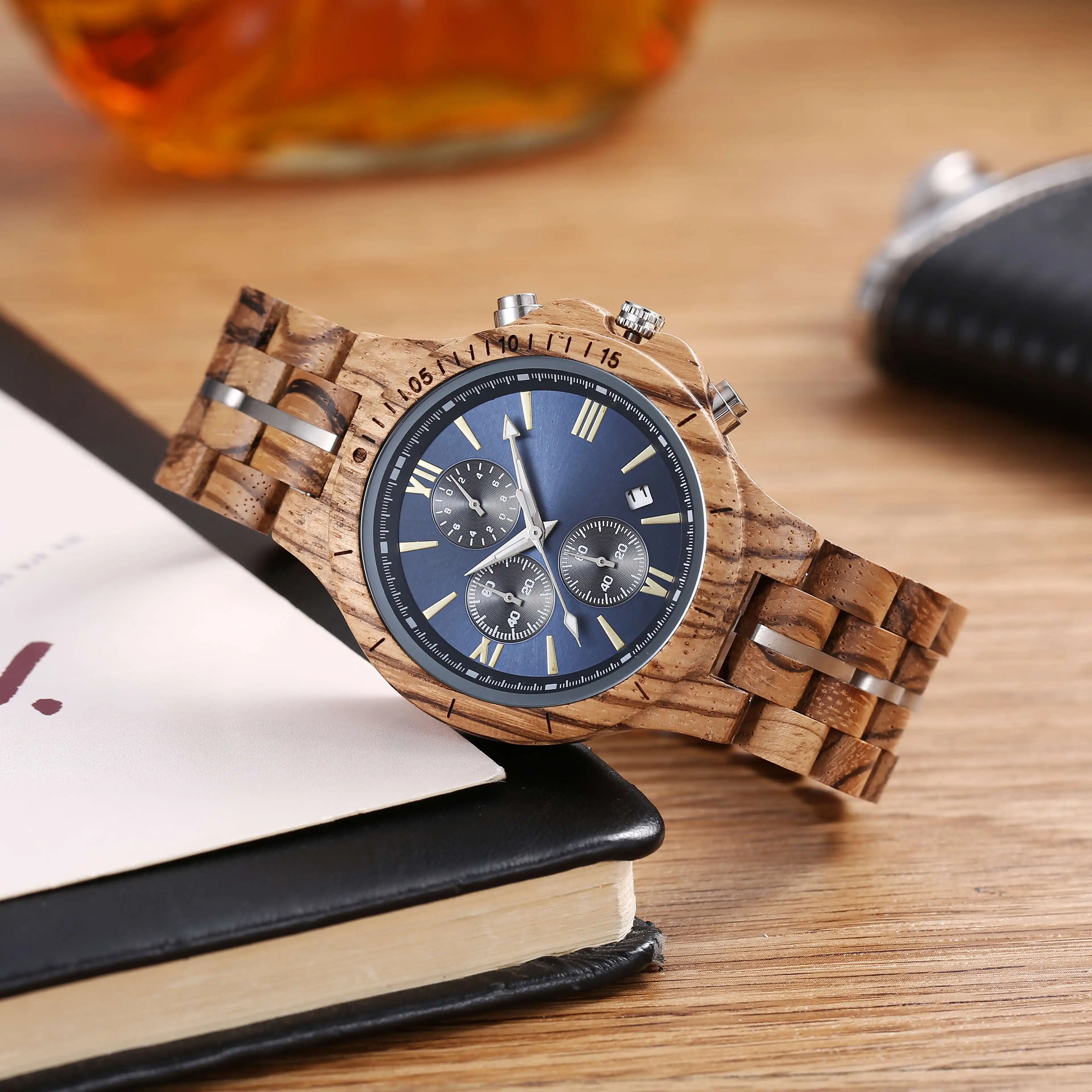 Men's Luxury Multifunctional Chronograph Watch Natural Pure Handmade Simple Fashionable Sports Quartz Wood Watches