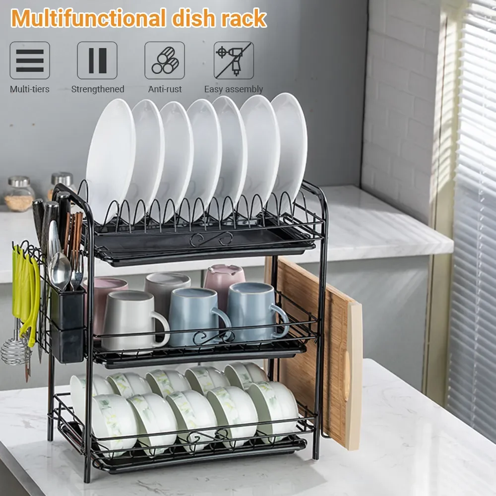 Imagem -02 - Prato de Secagem Rack com Dreno Board Bancada Dinnerware Organizador Cozinha Escorredor Prateleira de Armazenamento 3-tier