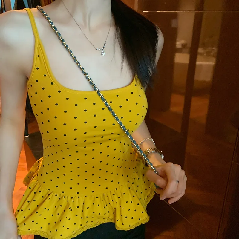 2026 New Summer PolkaDot Spaghetti Strap Crossover Cutout Back Cami Built in Fixed Cup Commuter Versatile Daily Wear Camisole