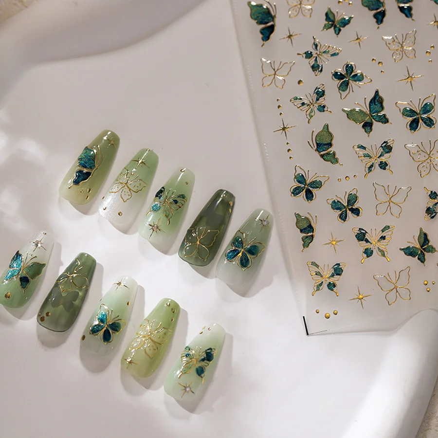 5D Brilhante Shell Aurora Borboleta Kawaii Prego Adesivos, Coreano Verde Nail Art Decoração, decalques, DIY Manicure Slider Foil, 1Pc