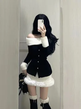 Moda sexy spalle scoperte manica lunga slim fit top donna + Y2k gonne aderenti a vita alta inizio autunno nuovi set di due pezzi