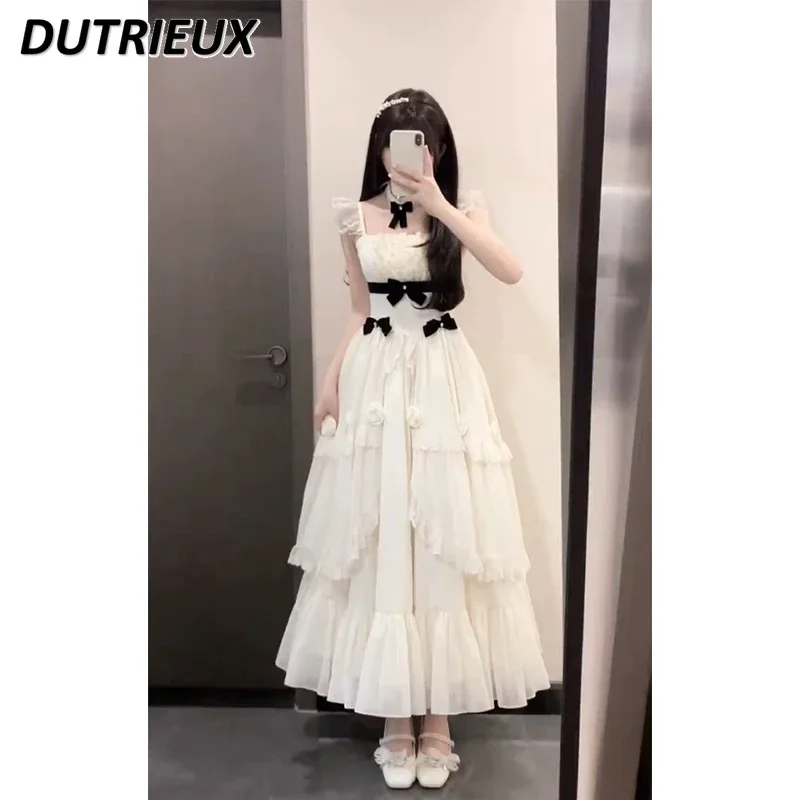 

French Elegant Lady Flying Sleeve Cake Long Dress Summer Sweet Girls Bow High Waist Slimming Birthday Princess Maxi Dresses