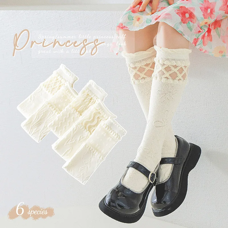 

Чулки принцессы для девочек с вышивкой, детские носки до середины икры белого цвета, летние детские длинные носки с рюшами и полями, мягкая хлопковая детская обувь