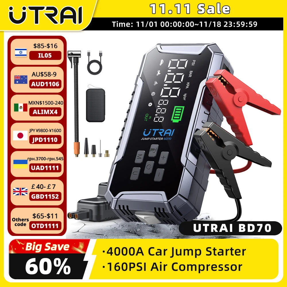 Portable Jump Starter 4000A - UTRAI 4000A Car Jump Starter 160PSI